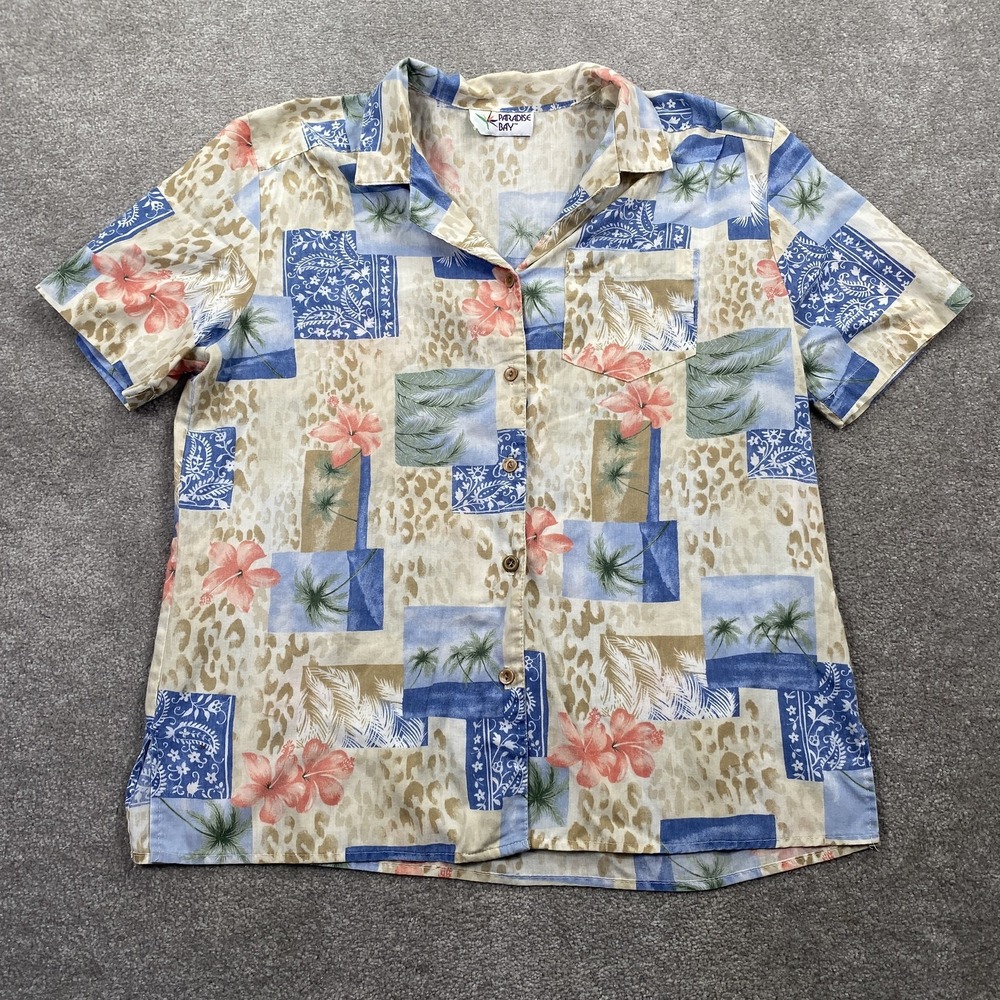 Paradise Bay Shirt Mens Large Hawaiian Floral Palm Camp Button Up‎ Casual